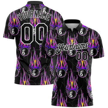 Custom Black White-Purple 3D Pattern Design Flame Billiards 8 Ball Performance Polo Shirt