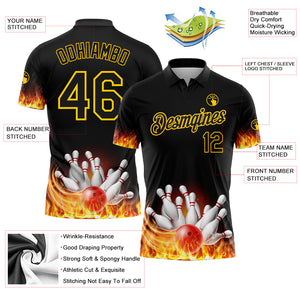 Custom Black Gold 3D Pattern Design Flame Bowling Performance Polo Shirt