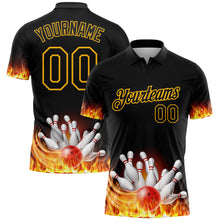 Load image into Gallery viewer, Custom Black Gold 3D Pattern Design Flame Bowling Performance Polo Shirt
