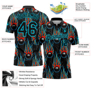 Custom Black Lakes Blue 3D Pattern Design Bowling Ball With Hotrod Flame Performance Polo Shirt