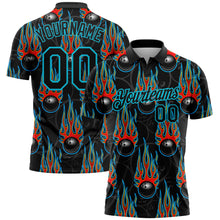 Load image into Gallery viewer, Custom Black Lakes Blue 3D Pattern Design Bowling Ball With Hotrod Flame Performance Polo Shirt
