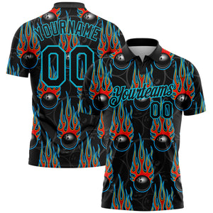 Custom Black Lakes Blue 3D Pattern Design Bowling Ball With Hotrod Flame Performance Polo Shirt