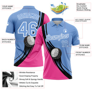 Custom Light Blue Pink-Black 3D Pattern Design Golf Ball Performance Golf Polo Shirt