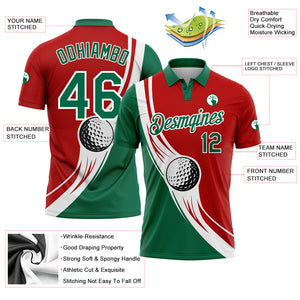 Custom Red Kelly Green-White 3D Pattern Design Golf Ball Performance Golf Polo Shirt