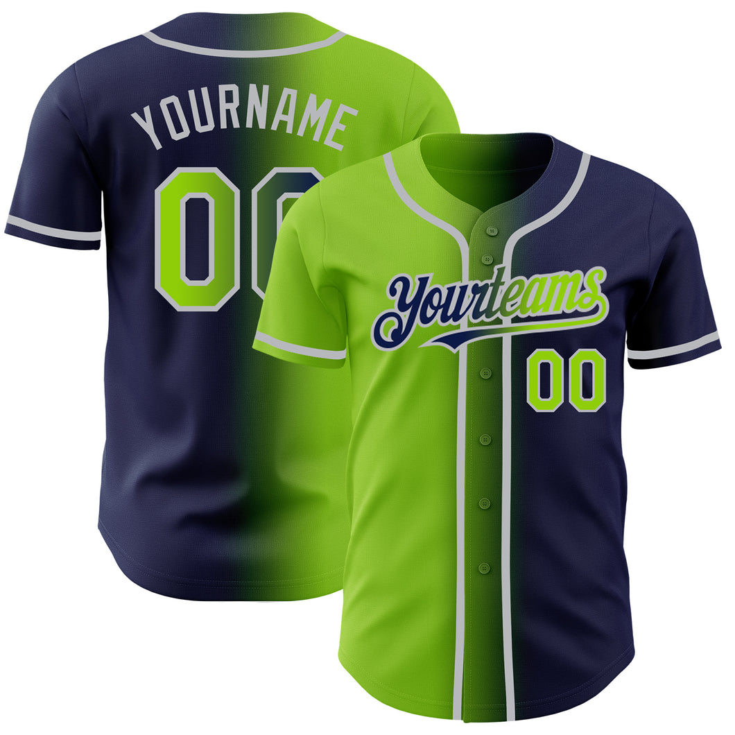 Custom Navy Neon Green-Gray Authentic Gradient Fashion Baseball Jersey