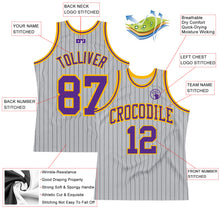 Load image into Gallery viewer, Custom Gray Black Pinstripe Purple-Gold Authentic Basketball Jersey
