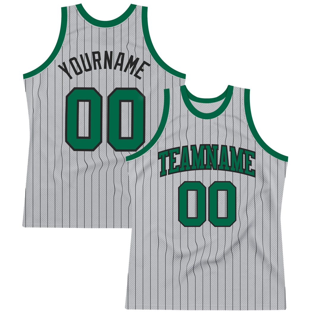 Custom Gray Black Pinstripe Kelly Green Authentic Basketball Jersey