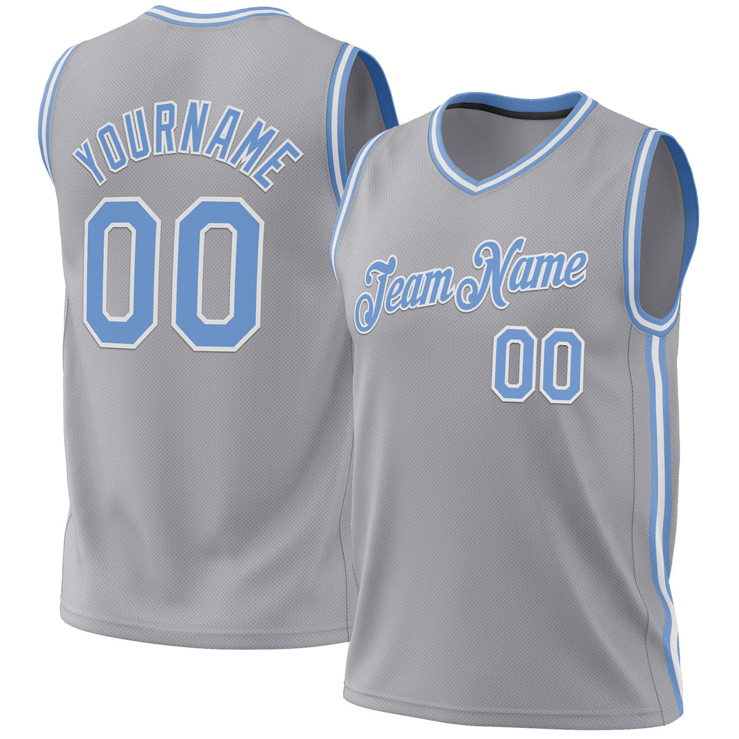 Custom Gray Light Blue-White Authentic Throwback Basketball Jersey