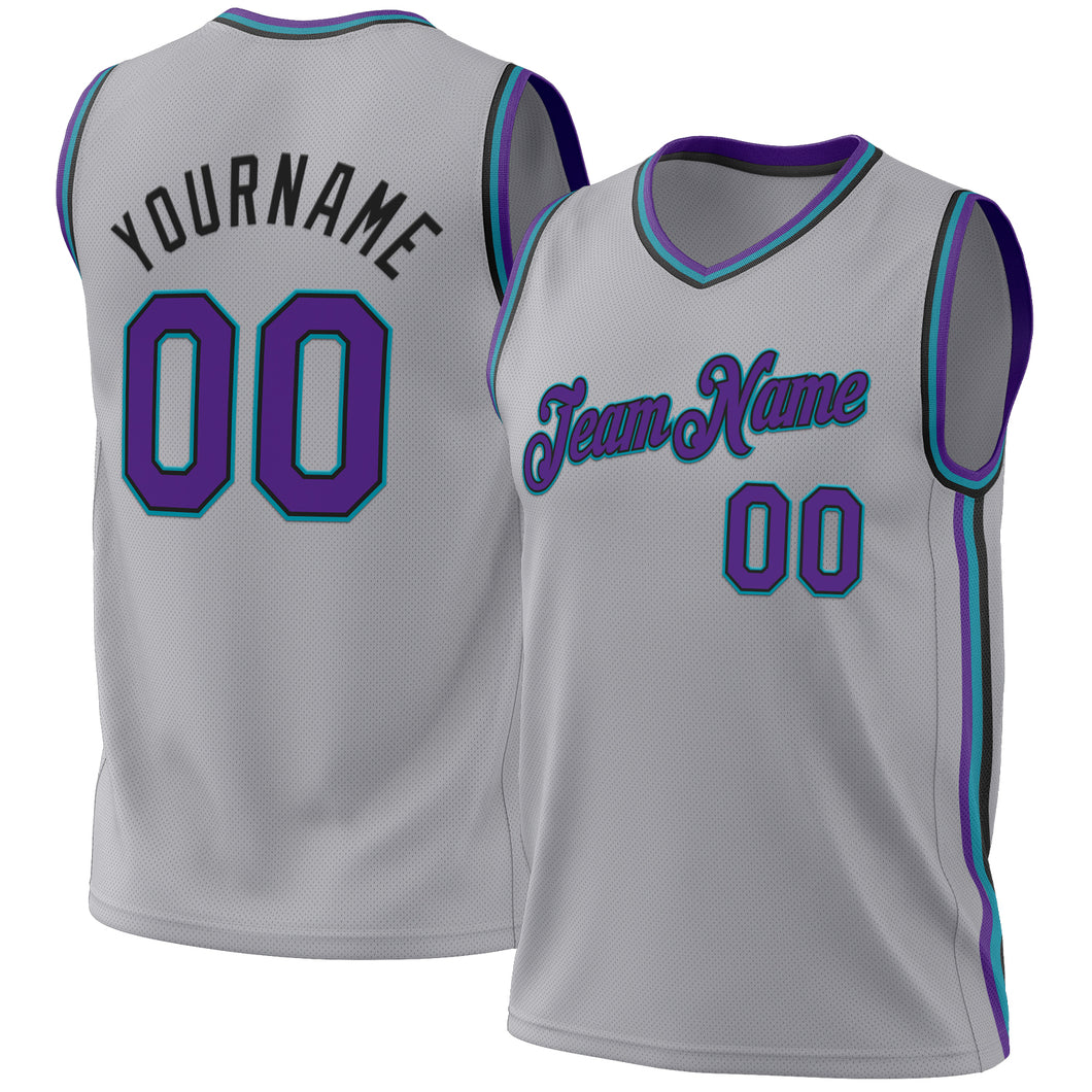 Custom Gray Purple Black-Teal Authentic Throwback Basketball Jersey