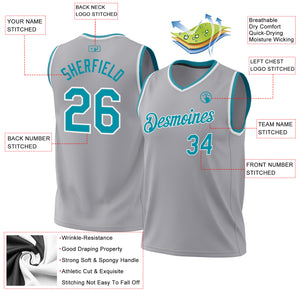 Custom Gray Teal-White Authentic Throwback Basketball Jersey