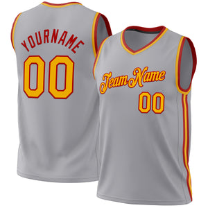 Custom Gray Gold-Red Authentic Throwback Basketball Jersey