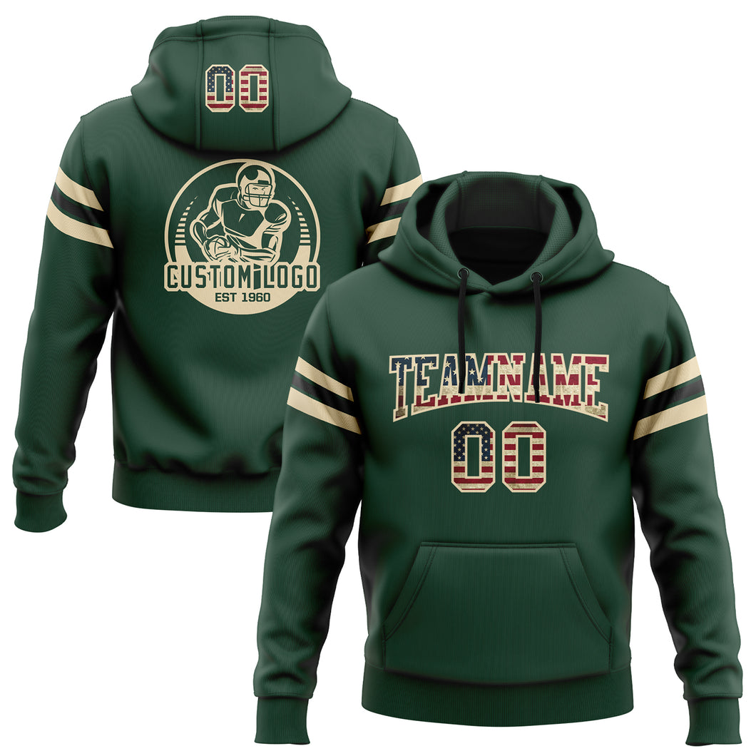 Custom Stitched Green Vintage USA Flag City Cream-Black Football Pullover Sweatshirt Hoodie