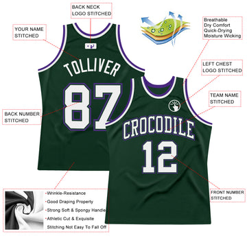 Custom Hunter Green White-Purple Authentic Throwback Basketball Jersey