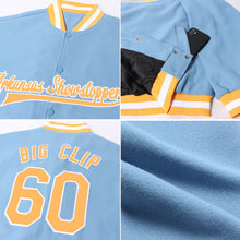 Load image into Gallery viewer, Custom Light Blue Gold-White Bomber Full-Snap Varsity Letterman Jacket
