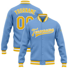 Load image into Gallery viewer, Custom Light Blue Gold-White Bomber Full-Snap Varsity Letterman Jacket
