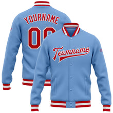 Load image into Gallery viewer, Custom Light Blue Red-White Bomber Full-Snap Varsity Letterman Jacket
