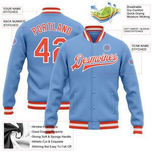 Custom Light Blue Orange-White Bomber Full-Snap Varsity Letterman Jacket