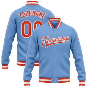 Custom Light Blue Orange-White Bomber Full-Snap Varsity Letterman Jacket