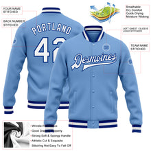 Load image into Gallery viewer, Custom Light Blue White-Royal Bomber Full-Snap Varsity Letterman Jacket
