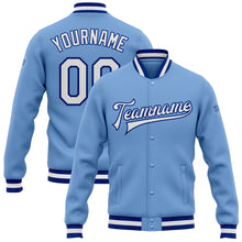 Load image into Gallery viewer, Custom Light Blue White-Royal Bomber Full-Snap Varsity Letterman Jacket
