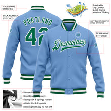 Load image into Gallery viewer, Custom Light Blue Kelly Green-White Bomber Full-Snap Varsity Letterman Jacket
