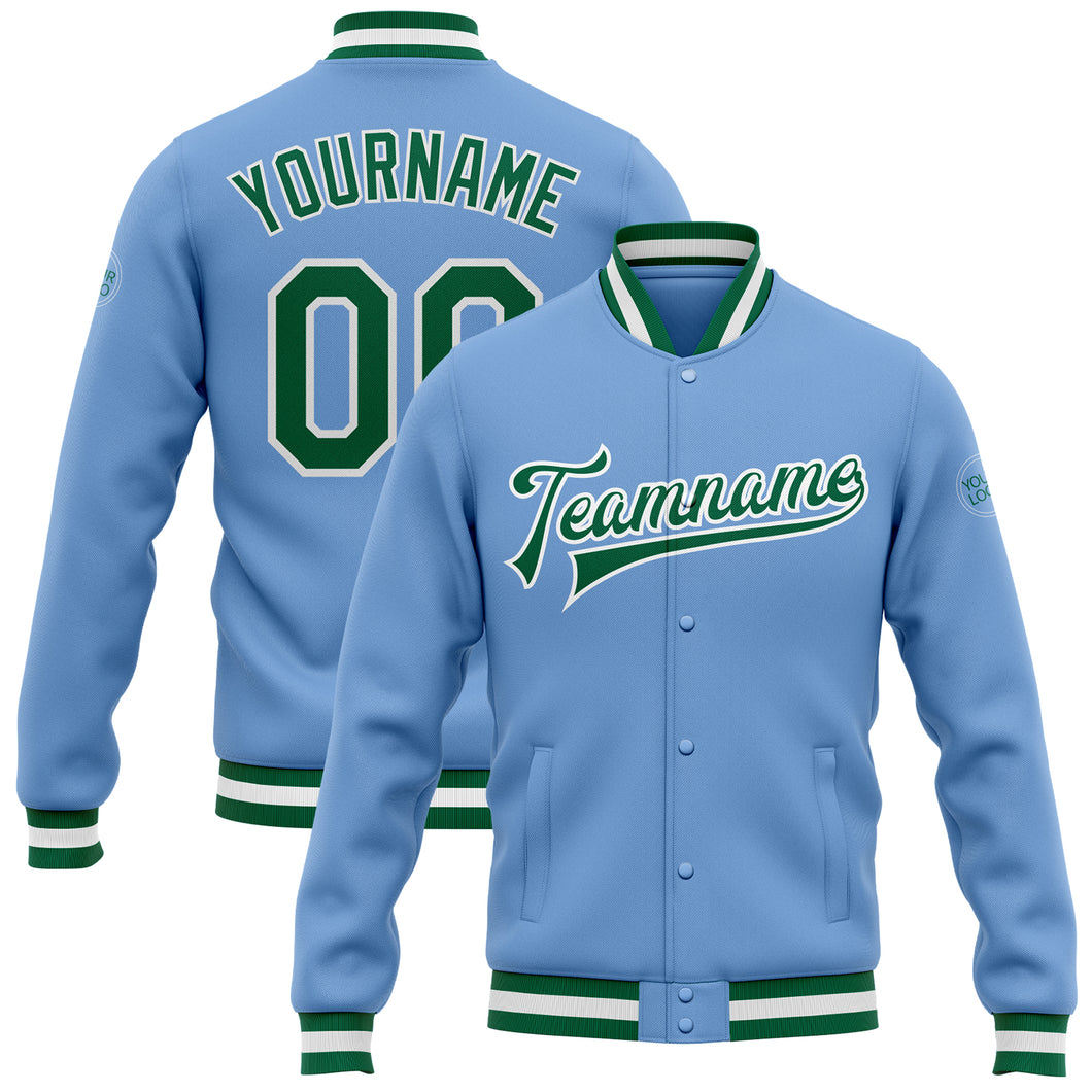 Custom Light Blue Kelly Green-White Bomber Full-Snap Varsity Letterman Jacket