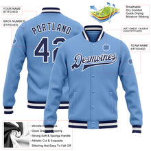 Load image into Gallery viewer, Custom Light Blue Navy-White Bomber Full-Snap Varsity Letterman Jacket
