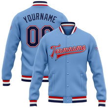 Load image into Gallery viewer, Custom Light Blue Navy White-Red Bomber Full-Snap Varsity Letterman Jacket
