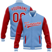 Load image into Gallery viewer, Custom Light Blue Red-White Bomber Full-Snap Varsity Letterman Two Tone Jacket
