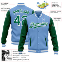 Load image into Gallery viewer, Custom Light Blue Kelly Green-White Bomber Full-Snap Varsity Letterman Two Tone Jacket
