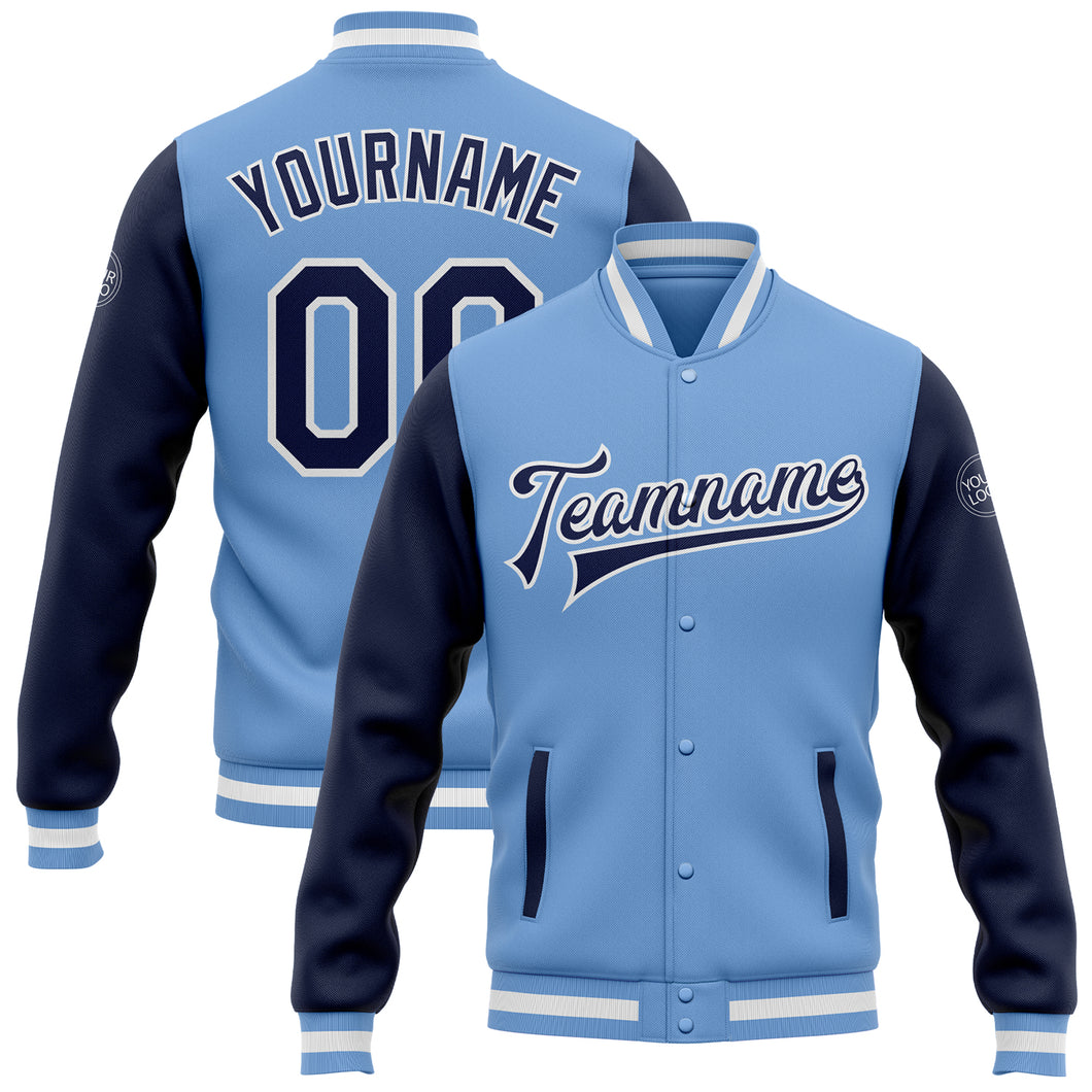 Custom Light Blue Navy-White Bomber Full-Snap Varsity Letterman Two Tone Jacket