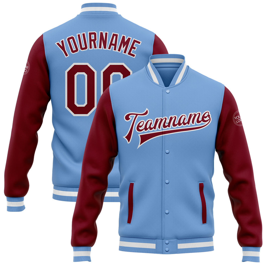 Custom Light Blue Crimson-White Bomber Full-Snap Varsity Letterman Two Tone Jacket