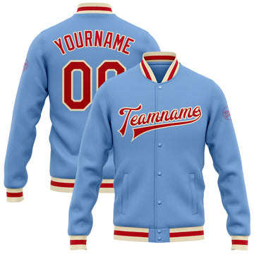 Custom Light Blue Red-Cream Bomber Full-Snap Varsity Letterman Jacket