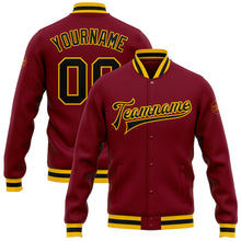 Load image into Gallery viewer, Custom Crimson Black-Gold Bomber Full-Snap Varsity Letterman Jacket
