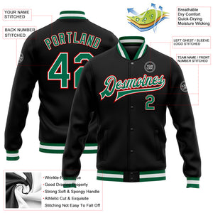 Custom Black Kelly Green-Red Bomber Full-Snap Varsity Letterman Jacket