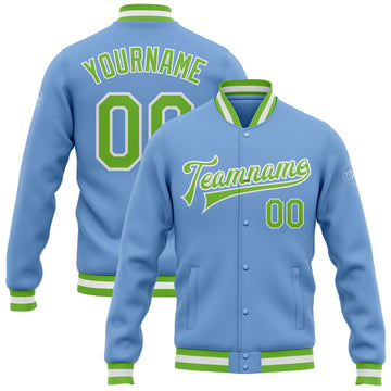 Custom Light Blue Neon Green-White Bomber Full-Snap Varsity Letterman Jacket