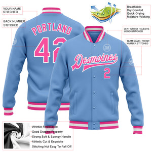 Custom Light Blue Pink-White Bomber Full-Snap Varsity Letterman Jacket