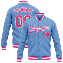 Load image into Gallery viewer, Custom Light Blue Pink-White Bomber Full-Snap Varsity Letterman Jacket
