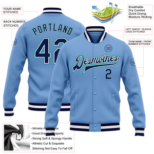 Custom Light Blue Navy-Aqua Bomber Full-Snap Varsity Letterman Jacket