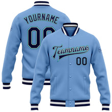 Load image into Gallery viewer, Custom Light Blue Navy-Aqua Bomber Full-Snap Varsity Letterman Jacket
