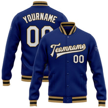 Load image into Gallery viewer, Custom Royal White Old Gold-Black Bomber Full-Snap Varsity Letterman Jacket
