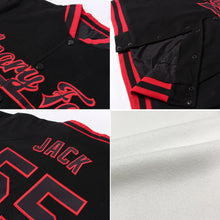 Load image into Gallery viewer, Custom White Black Pinstripe Red-Black Bomber Full-Snap Varsity Letterman Jacket
