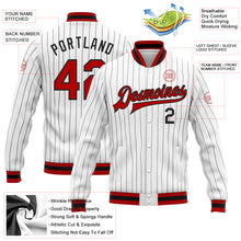 Load image into Gallery viewer, Custom White Black Pinstripe Red-Black Bomber Full-Snap Varsity Letterman Jacket
