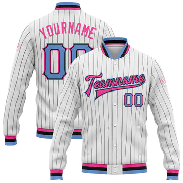 Custom White Black Pinstripe Light Blue Black-Pink Bomber Full-Snap Varsity Letterman Jacket