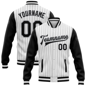 Custom White Black Pinstripe Black-Gray Bomber Full-Snap Varsity Letterman Two Tone Jacket