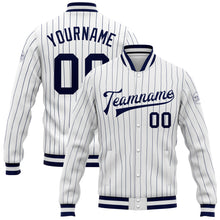 Load image into Gallery viewer, Custom White Navy Pinstripe Navy-White Bomber Full-Snap Varsity Letterman Jacket
