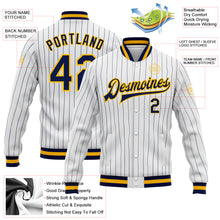 Load image into Gallery viewer, Custom White Navy Pinstripe Navy-Gold Bomber Full-Snap Varsity Letterman Jacket
