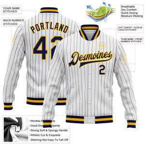 Custom White Navy Pinstripe Navy-Gold Bomber Full-Snap Varsity Letterman Jacket