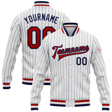 Load image into Gallery viewer, Custom White Navy Pinstripe Red-Navy Bomber Full-Snap Varsity Letterman Jacket
