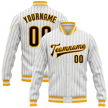 Custom White Brown Pinstripe Brown-Gold Bomber Full-Snap Varsity Letterman Jacket